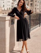 Roco Fashion Rochie midi neagra din voal cu maneca lunga vaporoasa Melen