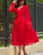 Roco Fashion Rochie rosie midi din voal vaporoasa cu maneca lunga Melen