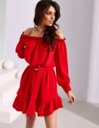 Roco Fashion Rochie rosie scurta cu volane si umeri goi Hilda