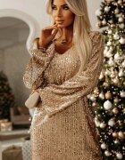 Roco Fashion Rochie scurta aurie din paiete cu maneca lunga OpheliaR