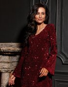 Roco Fashion Rochie scurta burgundy din paiete cu maneca lunga OpheliaR
