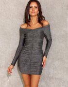 Roco Fashion Rochie scurta mulata din lurex argintie cu maneca lunga si umeri goi Yssa