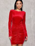 Roco Fashion Rochie scurta rosie mulata din catifea cu glitter cu maneca lunga Lorraine