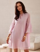 Roco Fashion Rochie scurta roz pal vaporoasa croi in A cu volane la maneca BeatriceR