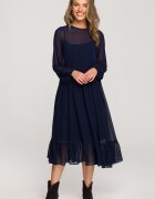 Style Rochie midi din chiffon bleumarin cu maneca lunga si volan Naira