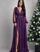 Vezuvio Rochie de seara lunga vaporoasa mov cu maneca lunga Carolina