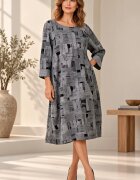 158C Rochie midi casual alb negru cu imprimeu artistic abstract si croi lejer