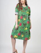 158C Rochie midi din bumbac cu imprimeu chipuri pe fond verde