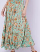 Bohemian Soul Fusta ampla cu doua volane din matase indiana cu flori caramizii pe fond verde menta