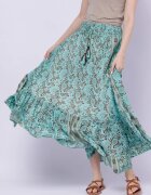 Bohemian Soul Fusta ampla cu doua volane din matase indiana cu flori turcoaz pe fond maro
