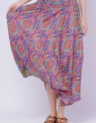 Boho Fashion Fusta ampla din matase indiana cu flori roz si fucsia pe fond albastru
