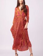 Boho Fashion Rochie cu bust petrecut din matase indiana cu imprimeu oriental portocaliu-fucsia