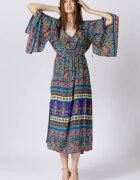 Boho Fashion Rochie lunga din matase indiana cu maneca ampla si imprimeu arabesque albastru-verde
