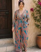 Boho Fashion Salopeta din matase indiana cu bust petrecut turcoaz si portocaliu