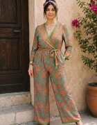 Boho Fashion Salopeta din matase indiana cu bust petrecut verde si portocaliu