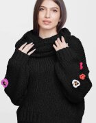 Flex Moda Pulover cu guler bogat cu ochiuri mari si flori pe maneci negru