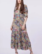 Flex Moda Rochie lunga din matase indiana cu bust petrecut imprimeu paisley si elemente aurii