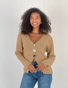 Miss Poem Pulover camel moale si fin cu trei nasturi mari aurii oversize