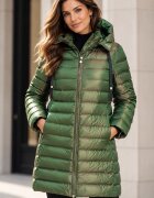 My Dress Geaca midi cu umplutura din puf de gasca verde metalizat