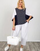 Pierino Bluza alb-bleumarin oversize cu design asimetric din bumbac - joc de dungi