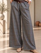 Pierino Pantaloni palazzo eleganti din stofa fina cu pliuri si imprimeu in carouri Prince of Wales gri
