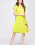 Pierino Rochie A line din in mercerizat si vascoza galben lime cu sireturi laterale si imprimeu fluture