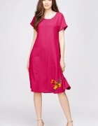 Pierino Rochie A line din in mercerizat si vascoza magenta cu imprimeu fluture stilizat