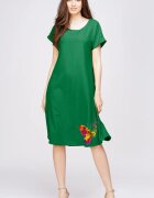 Pierino Rochie A line din in mercerizat si vascoza verde cu imprimeu fluture stilizat