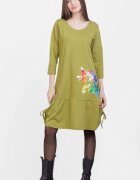 Pierino Rochie A line din tricot cu sireturi laterale verde olive cu imprimeu flori stilizate