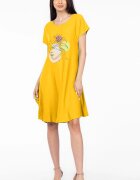 Pierino Rochie A line galbena din in mercerizat si vascoza usor creponat cu imprimeu grafic chip