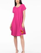 Pierino Rochie A line magenta din in mercerizat si vascoza usor creponat cu imprimeu fluture multicolor