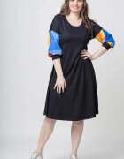 Pierino Rochie A line midi neagra cu maneci bufante imprimate multicolor pe negru