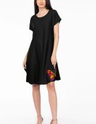 Pierino Rochie A line neagra din in mercerizat si vascoza usor creponat cu imprimeu fluture multicolor