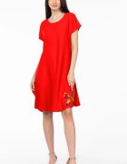 Pierino Rochie A line rosie din in mercerizat si vascoza usor creponat cu imprimeu fluture multicolor
