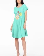 Pierino Rochie A line verde menta din in mercerizat si vascoza cu imprimeu grafic chip