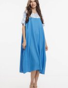 Pierino Rochie din in mercerizat si vascoza cu croi lejer si design minimalist albastra cu platca mica impr
