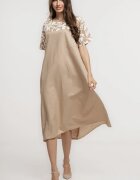 Pierino Rochie din in mercerizat si vascoza cu croi lejer si design minimalist bej cu platca mica imprimata