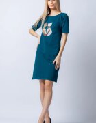 Pierino Rochie din tricot de bumbac turcoaz cu doua pisici aplicate pe piept
