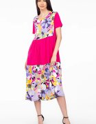 Pierino Rochie fucsia cu platca si doua volane imprimeu flori mari din bumbac