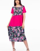 Pierino Rochie fucsia cu platca si doua volane imprimeu trandafiri din bumbac