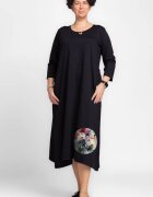 Pierino Rochie lunga A-line din tricot de bumbac neagra cu imprimeu floare acuarela