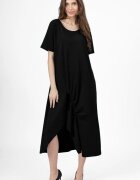 Pierino Rochie lunga A-line neagra din tricot de bumbac cu siret la poale