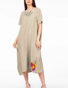 Pierino Rochie lunga bej din in mercerizat si vascoza marime oversize cu fluture stilizat