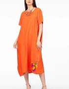 Pierino Rochie lunga portocalie din in mercerizat si vascoza marime oversize cu fluture stilizat