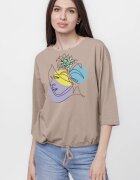 Pierino Tricou cu maneca 3 4 din tricot de bumbac cu snur la baza fango cu imprimeu chip stilizat