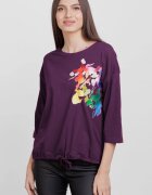 Pierino Tricou cu maneca 3 4 din tricot de bumbac cu snur la baza mov inchis cu imprimeu floare stilizata