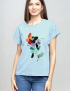Pierino Tricou cu maneca cazuta din bumbac bleu cu imprimeu floare stilizata