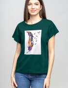 Pierino Tricou cu maneca cazuta din bumbac turcoaz inchis cu aplicatie pana stilizata