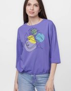 Pierino Tricou uni cu maneca 3 4 din tricot de bumbac cu snur la baza mov lavanda cu imprimeu chip stilizat