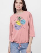 Pierino Tricou uni cu maneca 3 4 din tricot de bumbac cu snur la baza roz prafuit cu imprimeu chip stilizat